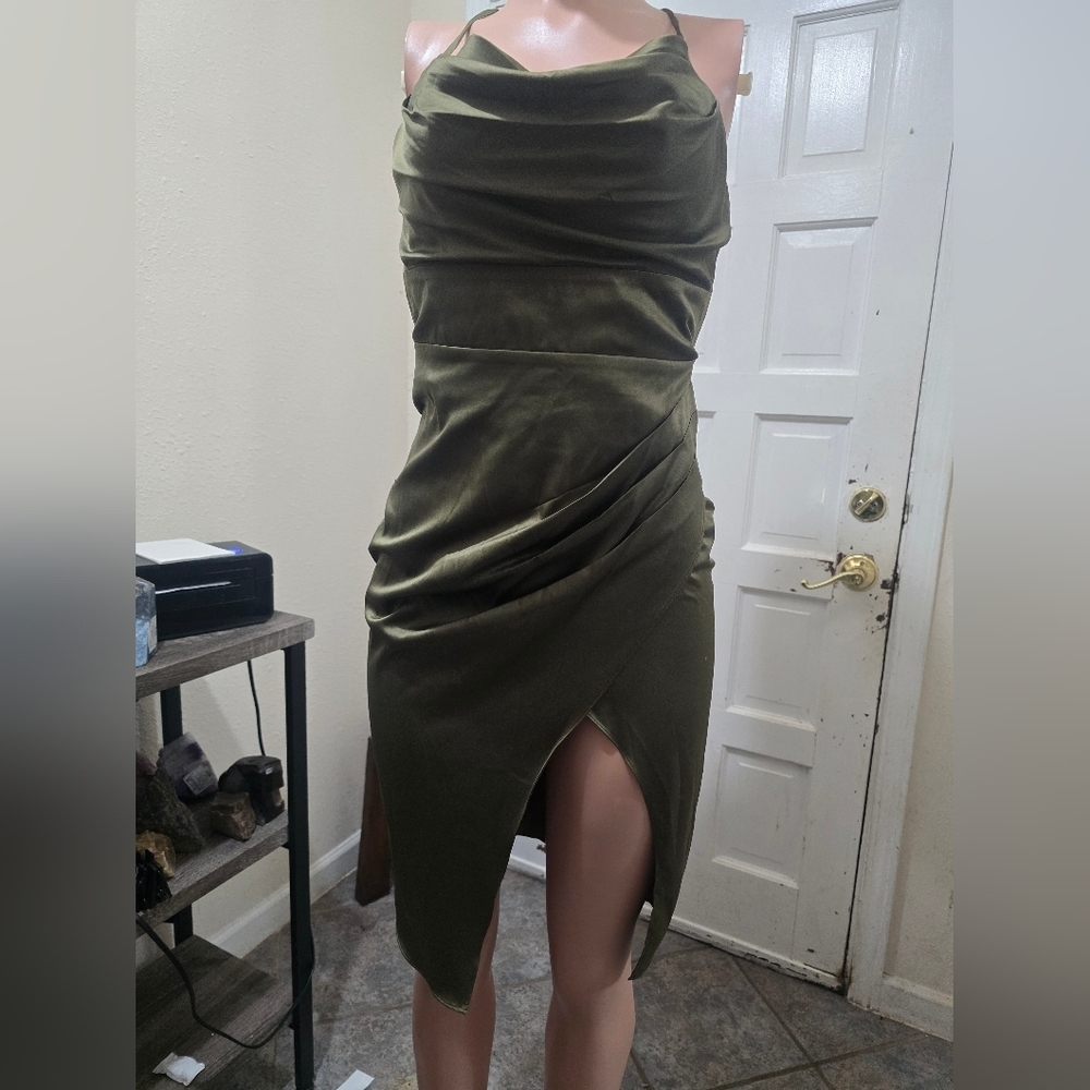 Olive Green Ruched Wrap Midi Dress